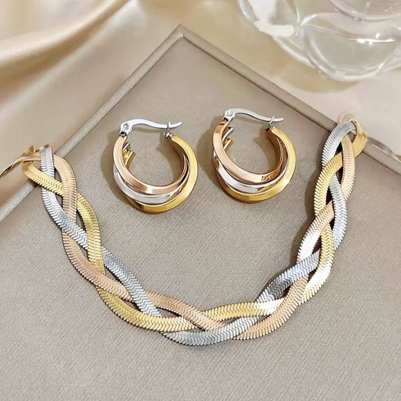 Fashion Necklace and Earring Women Three Tones Sainless Steel Jewelry Set - Picture 1 of 5